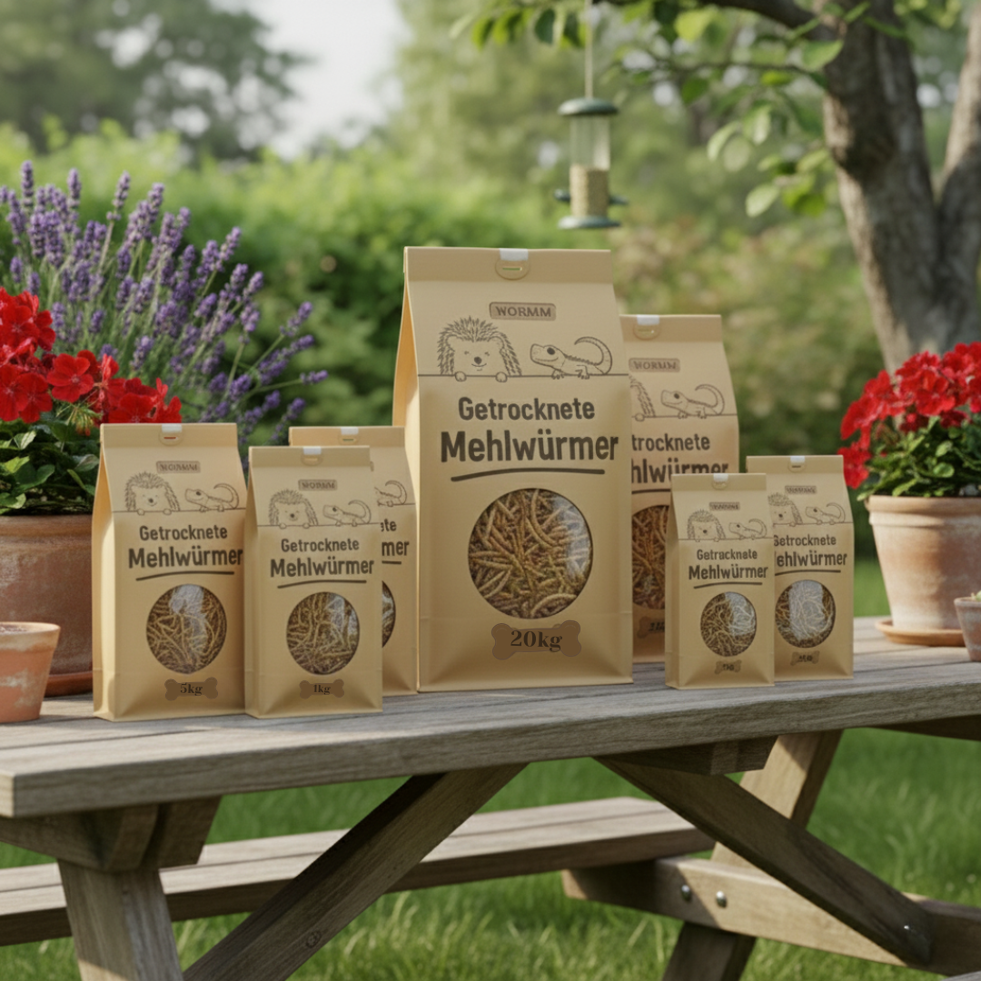 Mehrere Tüten Mit Getrockneten Mehlwürmern auf einem Tisch